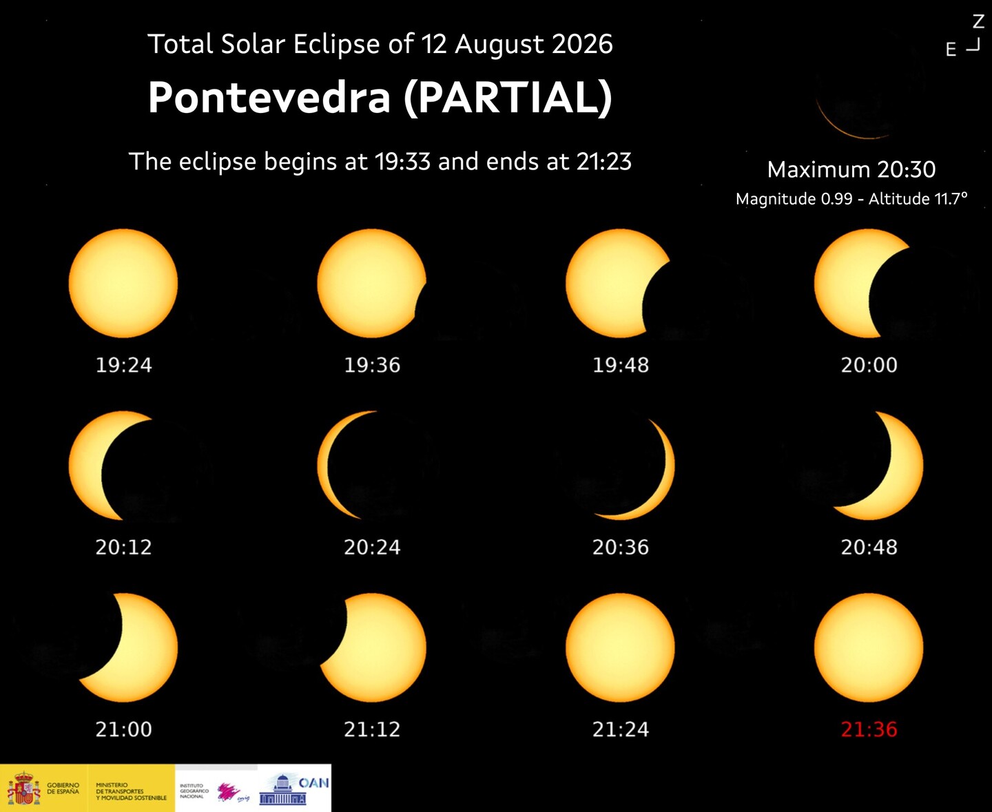 Lámina IGN: Pontevedra (Parcial) - horarios e fases da eclipse.